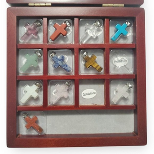 Various Natural Gemstone Cross Pendant Christian Gift Set of‎ 11 with Wood Case